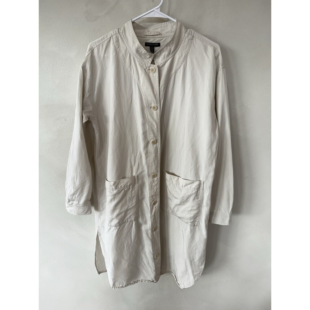 Eileen Fisher Women’s Top Shirt Duster Button Front Blouse Cream Pockets P Large